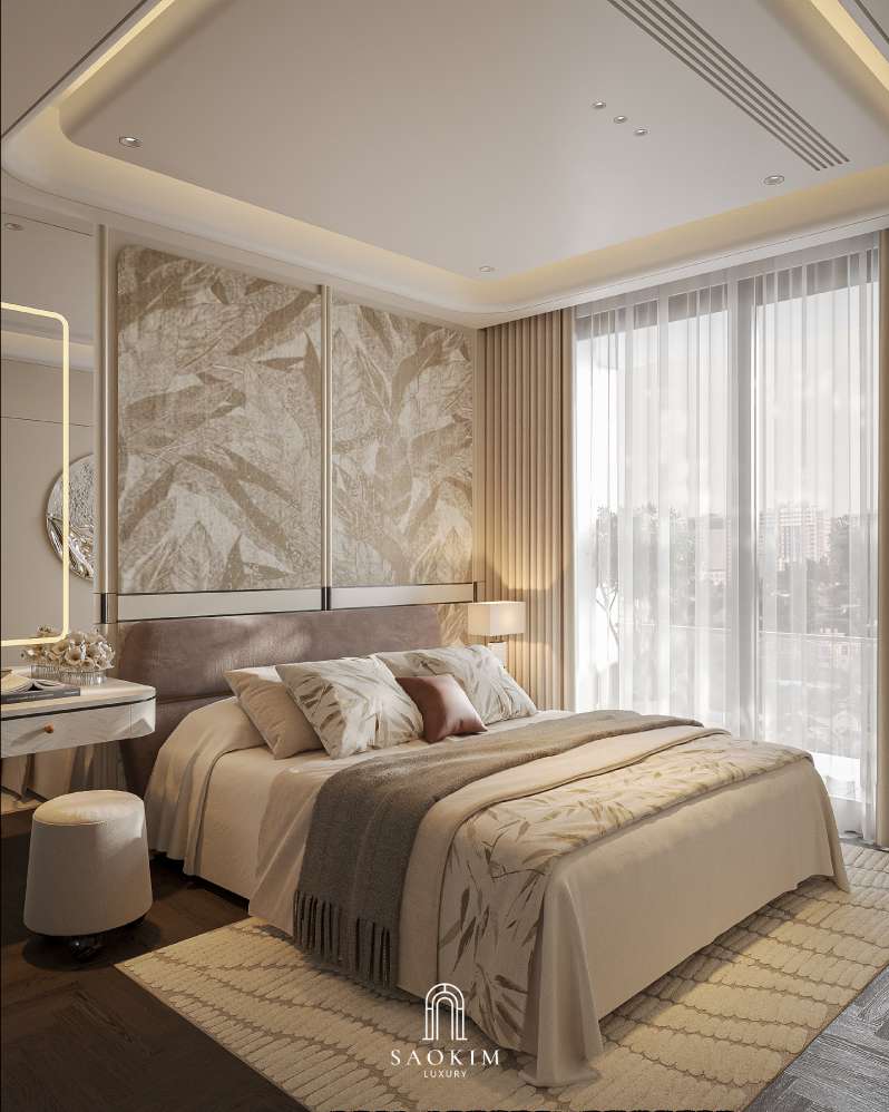 Không gian phòng ngủ cao cấp trong thiết kế nội thất chung cư cao cấp Lumière Evergreen phong cách Quiet Luxury
